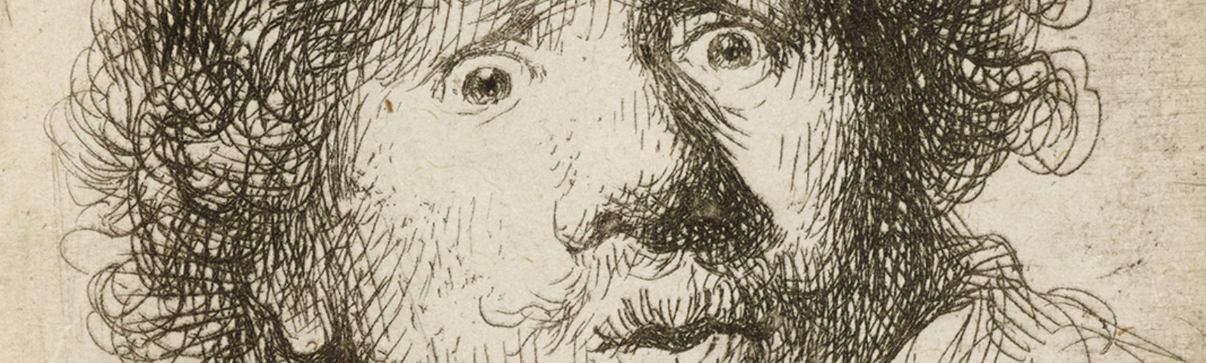 An etching of the artist Rembrandt pouting his lips with wide eyes and a furrowed brow, his expression shows surprise or fear.