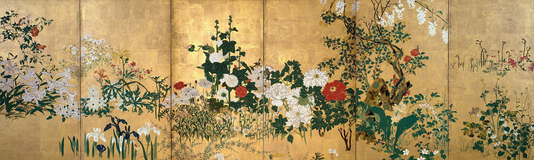 Japanese panelled screen of spring and summer flowers by Watanabe Shikō 