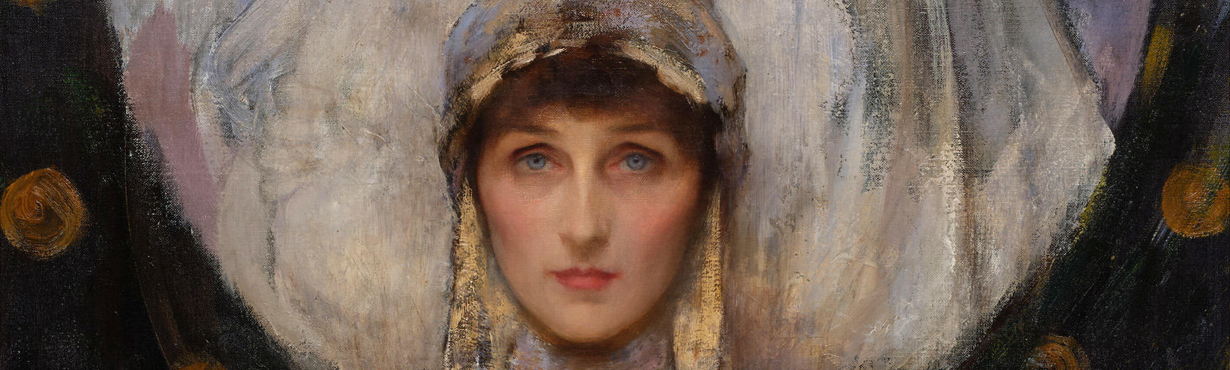 Detail of a portrait of Violet Manners the 19th-centuray artist wearing a head dress