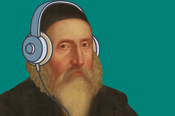 Portrait of a bearded man, illustrated with a pair of headphones