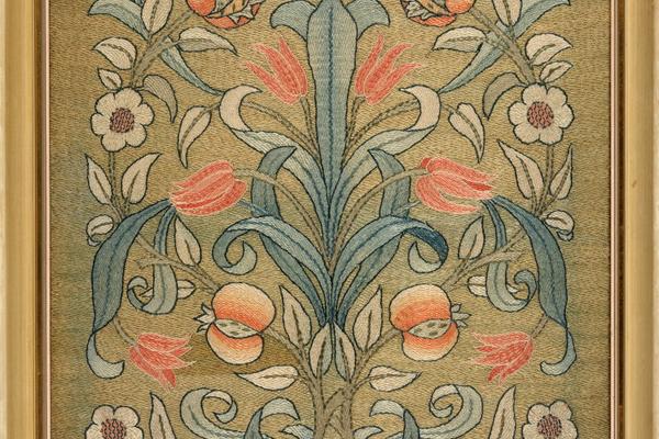 Pomegranate rose and tulip panel design in green and yellow and orange by May Morris
