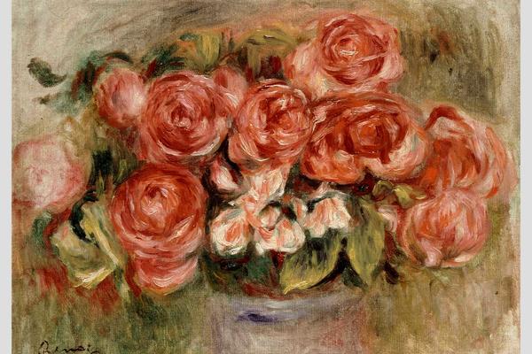 Still life painting by Renoir of a vase full of pink roses