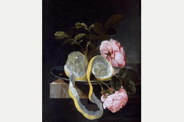 Still life painting of a half-peeled lemon and pink roses, by Cornelis Kick (1634–1681)