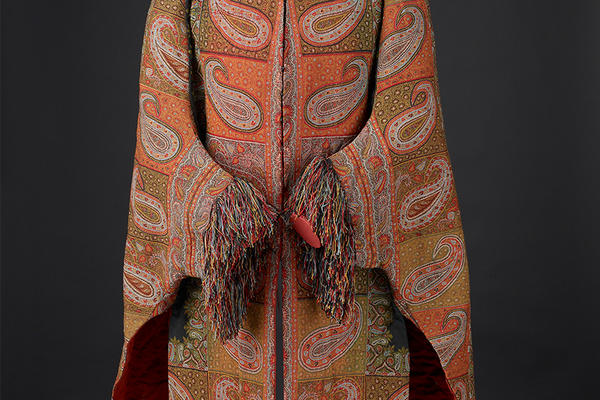 A winter kashmir shawl with fringed collar and sleaves