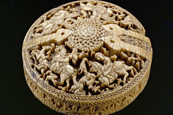 Spanish cylindrical ivory casket lid with huntsmen and animals