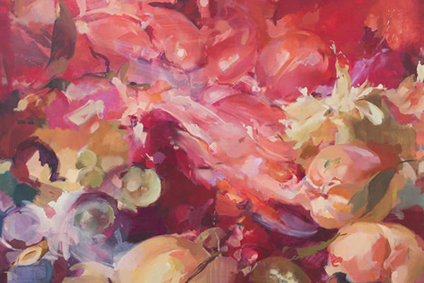 Flora Yukhnovich's artwork from the Ashmolean Now summer 2023 exhibition showing red and pink and white abstract blooms