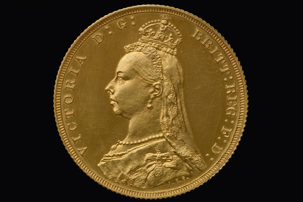Gold coin decorated with portrait of Queen Victoria