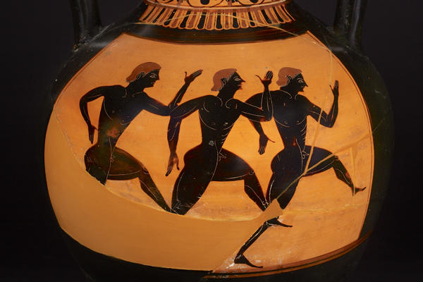 Runners on an orange and black ancient Greek pot