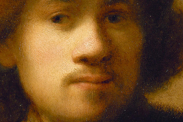 Detail from a painted self portrait of a young Rembrandt