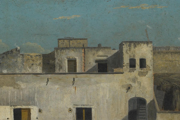 Oil painting of grey and white building and roofs against a blue sky