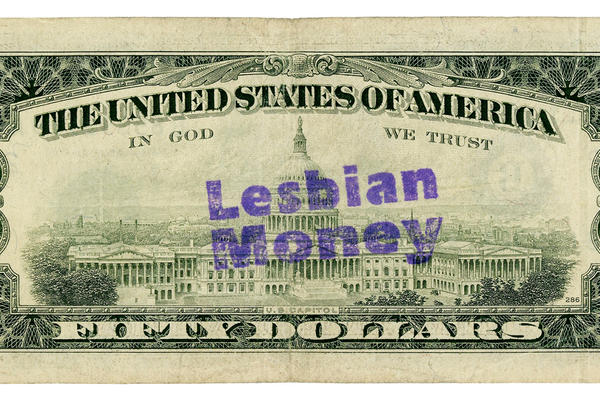 $50 US banknote countermarked with the words ‘Lesbian Money’