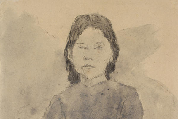 Charcoal drawing of a young girl seated and facing us, with her hands on her lap
