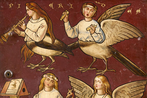 Singing Pierides on the Great Bookcase, painted by William Burges