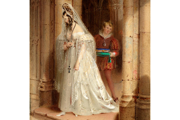 Delicate watercolour painting of a bride standing outside tall columns with a veil and bouquet,  by 19th-century artist, J Marchmont Moore