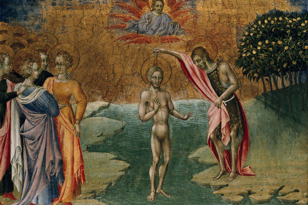 Tempera painting showing the baptism of Christ, painting around 1450