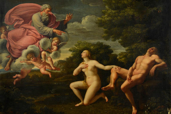 Anonymous oil painting showing the creation of Eve. The naked Adam and Eve are on the right of the image, with God and Angels on the left