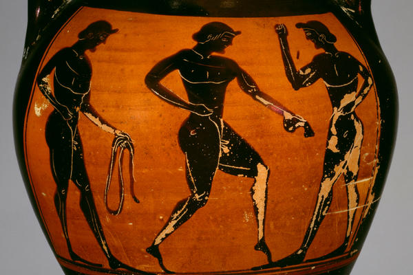 Three athletes on an ancient Greek attic black-figure pottery amphora