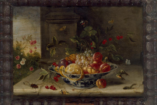Decorative Still-Life Composition with a Porcelain Bowl, Fruit and Insects
