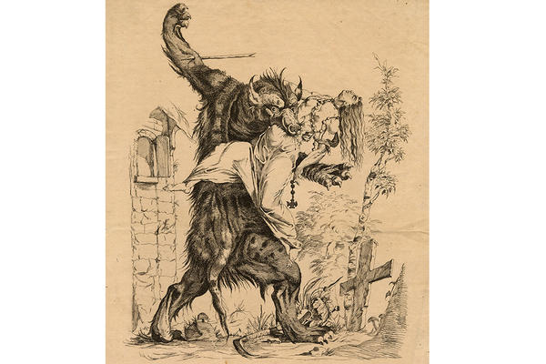 Black and cream print showing a werewolf, the Beast of Gevaudan. who was said to be a man-eating animal that terrorised people in the french province in the 18th century..