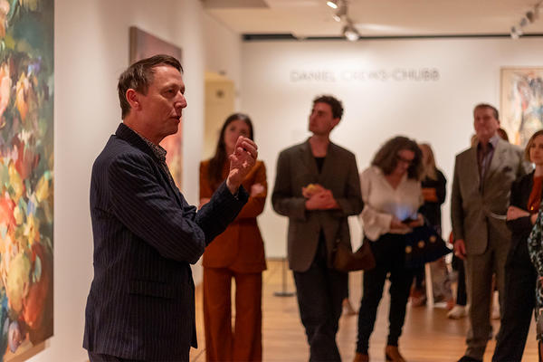 Ashmolean director Xa Sturgis addressing a group at the Ashmolean Now Flora and Daniel exhibition preview