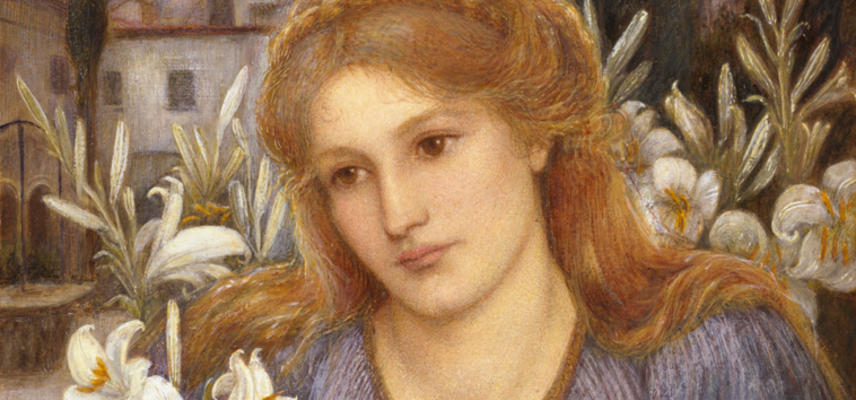 A painting of a woman with red hair, in a purple dress, holding white flowers and resting on an open book