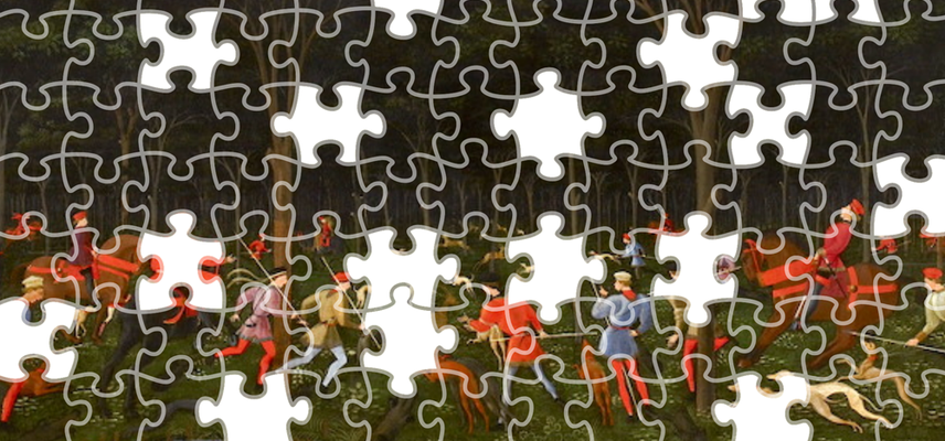 Jigsaw puzzle version of The Hunt In the Forest painting by Uccello