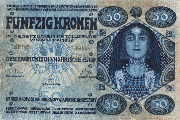 Draft artwork for 50-crown note for the Austro-Hungarian Bank, Koloman Moser, 1902, gouache & coloured pencil on graph paper © Money Museum of the Austrian National Bank Draft artwork for 50-crown note for the Austro-Hungarian Bank, Koloman Moser, 1902 in gouache & coloured pencil on graph paper