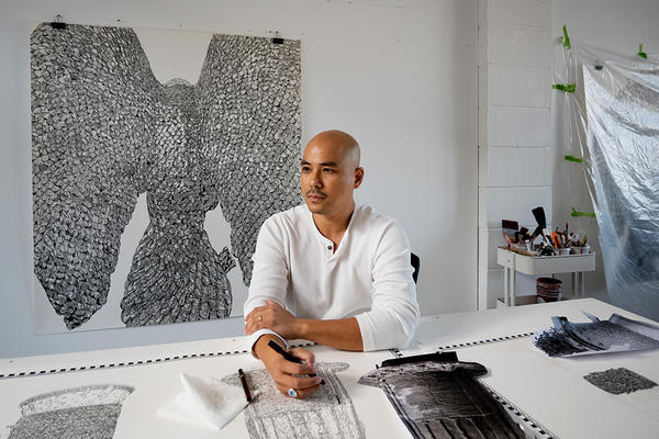 Contemporary artist Pio Abad in his studio