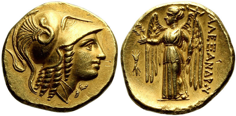 Ancient Greek gold coin showing Athena profile (obverse) wearing a triple crested Corinthian helmet and Nike (reverse), c. 332 BCE - 318 BCE