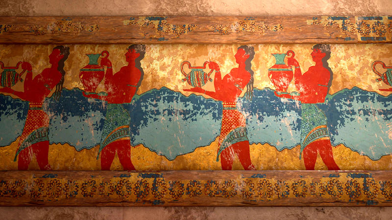 Colourful orange and blue still from the Assassin's Creed video game showing a ladies in blue fresco from Knossos Palace