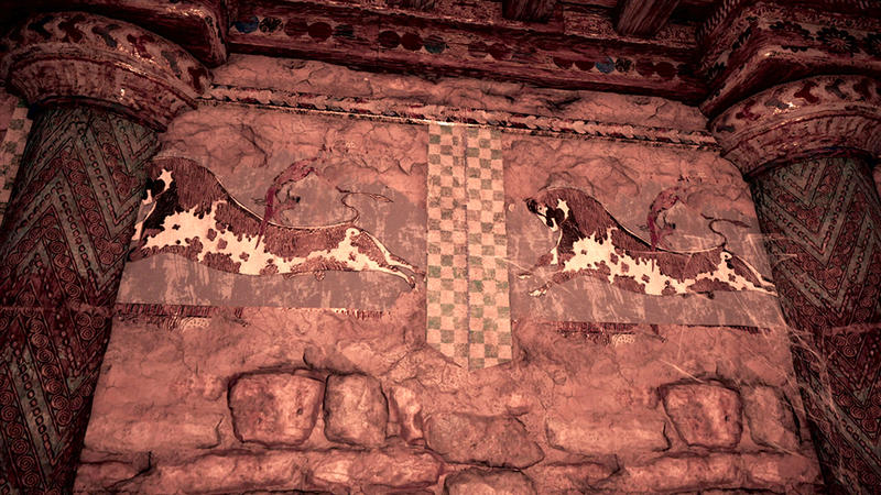 Still from the Assassin's Creed video game showing Cretan bulls charging fresco on the dark Labyrinth walls