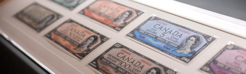 Queen II banknotes display in the Money Talks exhibition