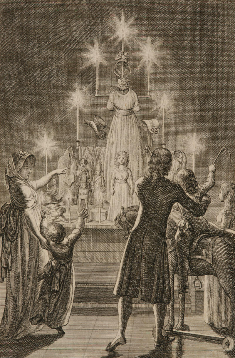 Christmas Celebration, 1799, Etching, by Daniel Nikolaus Chodowiecki (1726– 1801), WA1863.11374 An etching made in 1799 showing a family celebrating Christmas. A child sits on top of a toy horse, and in the background we see tall bright candles.