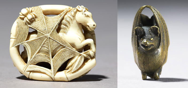 Two tiny Japanese ojime beads side by side one on left is carved with a spider's web round a jumping horse and on the right is a minute bat with wings raised 