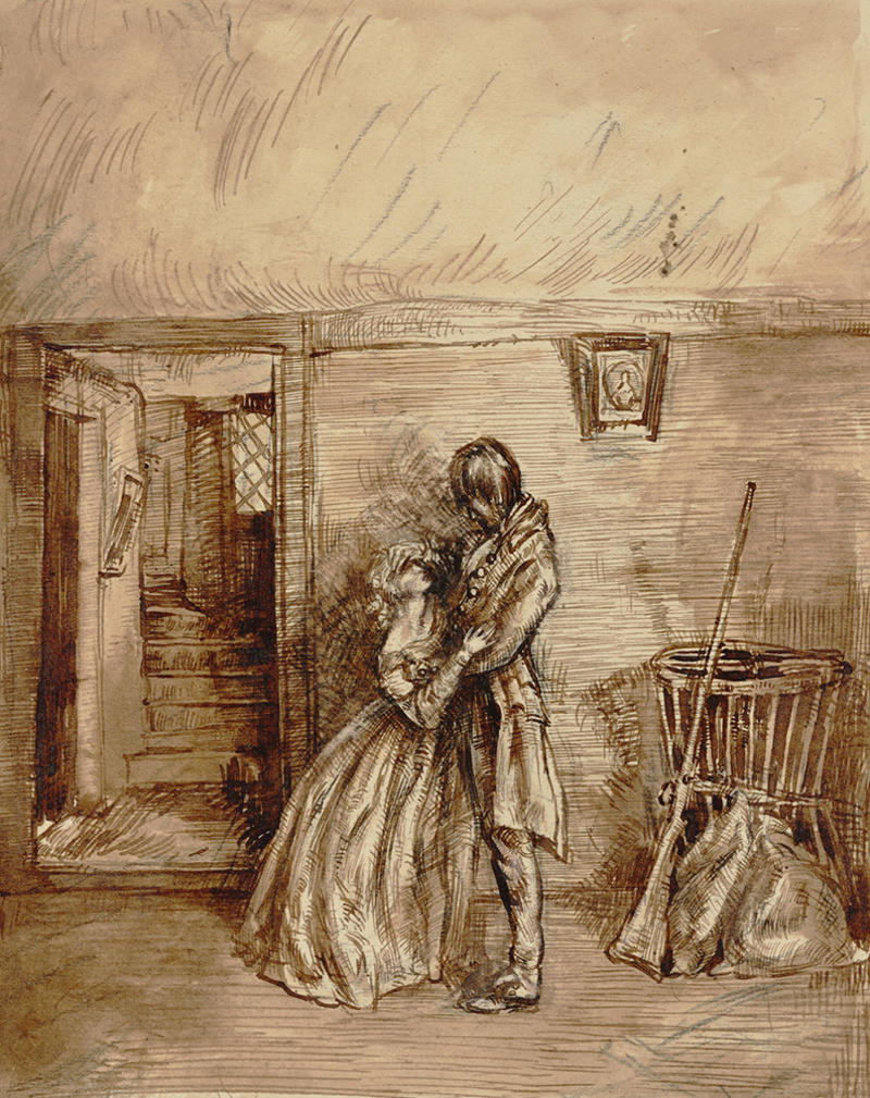 A pen and brown ink drawing depicting a man and a woman embracing in a rustic interior.