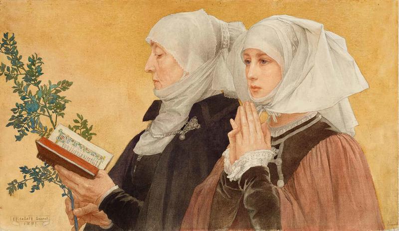 Landscape watercolour of two woman praying with a gold background