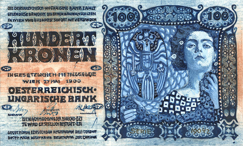 Draft artwork for 100-Crown note for the Austro-Hungarian Bank, Koloman Moser, 1900, watercolour, ink & graphite pencil on paper © Money Museum, Oesterreichische Nationalbank Draft artwork for 100-Crown note showing an Art Nouveau style woman on the right in blue and brown, designed for the Austro-Hungarian Bank, by Koloman Moser in 1900