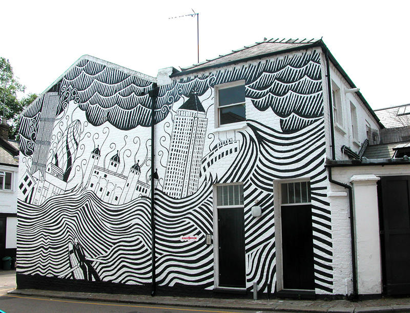 Section of the XL recording studio front in Ladbroke Grove with Stanley Donwood mural of London Views linocut