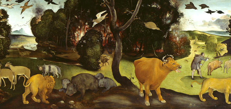 Scene of a forest fire, with animals fleeing  by the Italian Renaissance master Piero di Cosimo, c. 1495