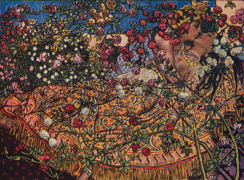 Illustration by Byam Shaw for the book 'The Garden of Kama' showing an eastern-style colourful scene of lovers entwined by flowers
