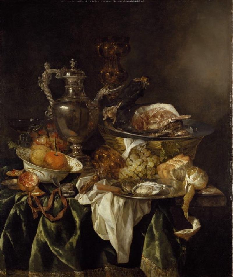 Still life painting with silver vessel and reflected portrait of the artist, by Abraham van Beyeren, c.1657img