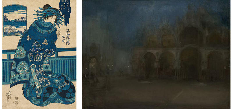 Japanese Hiroshige print using the blues which inspired Whistler's Nocturne in Blue of St Mark's Venice painting