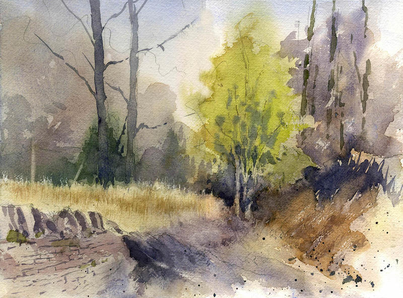Atmospheric washy watercolour of trees and bushes by John Somerscales
