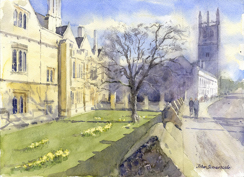 Magdalen College in Spring in pale watercolours by artist John Somerscales 