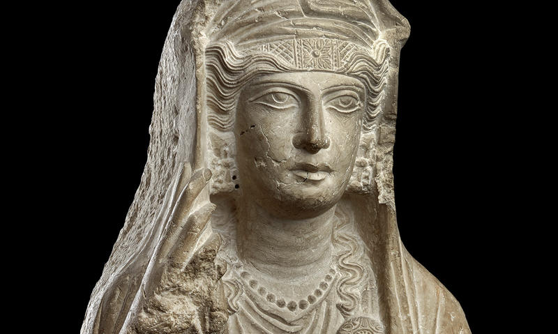 Roman marble bust of woman from Palmyra showing Eastern influences in her head-dress