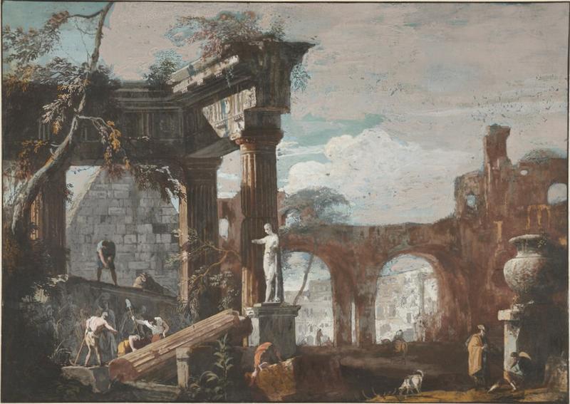 Drawing in brown and blue tones of a Roman ruin, a white marble statue on a centrally placed stand, several people with working on the left, a gentleman with dog on the right talking to a seated man, and more people and white buildings in the background