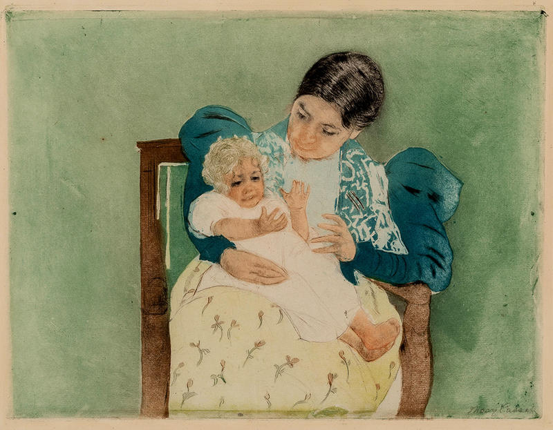 Mary Cassatt's painting of a mother holding a baby sitting in a chair in greens and pale colours