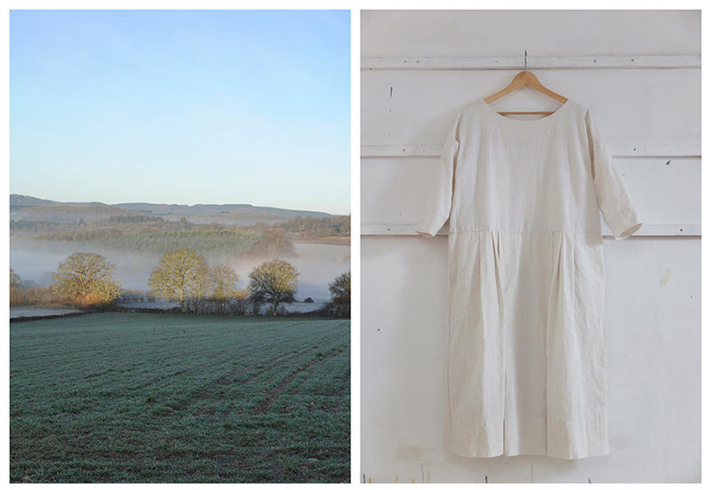 Designer-maker Mila Burcikova's ethical textiles and inspiration showing a cream dress and landscape.