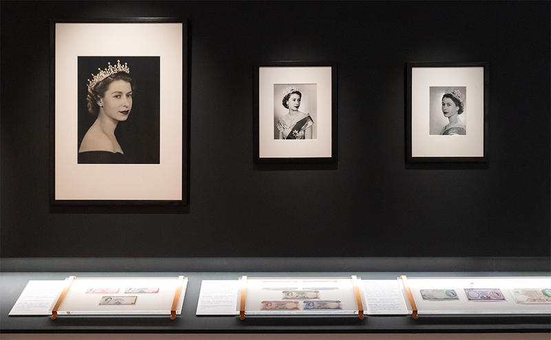 Queen Elizabeth II monetary portraits display in the Money Talks exhibition Queen Elizabeth II portraits display