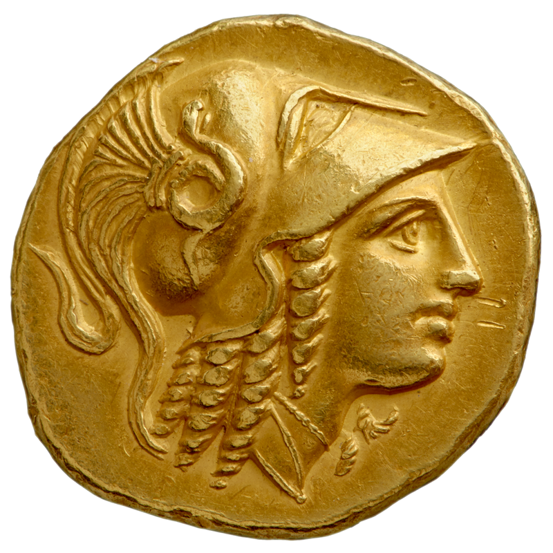 Gold stater of Alexander the Great showing a winged Nike on the reverse c. 330–320 BC HCR9627 Gold coin featuring the profile portrait of Alexander III
